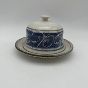 Handmade Pottery Stoneware Butter/Cheese Covered Dish, Signed 7.25" Blue & Cream